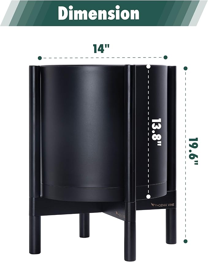 D'vine Dev Planter Pot with Stand - 14 Inch Plastic Cylinder Flower Pot with Wood Planter Holder for Indoor, Matte Black Pot + Ebony Stand, 55-C-T-2