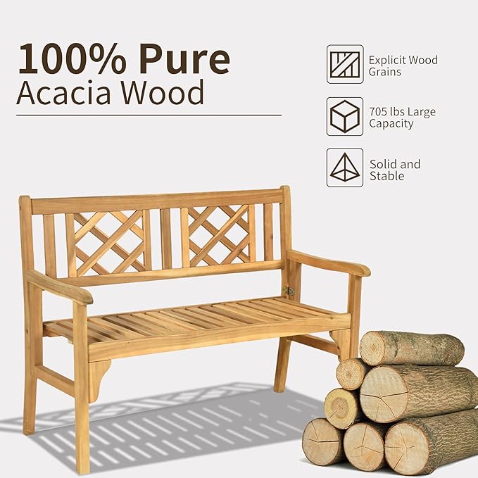 Tangkula Folding Outdoor Wood Garden Bench, Foldable Acacia Wood Patio Bench with Wide Curved Armrest & Backrest, Outside 2-Person Loveseat Chair for Entryway, Yard, Deck, Balcony & Park