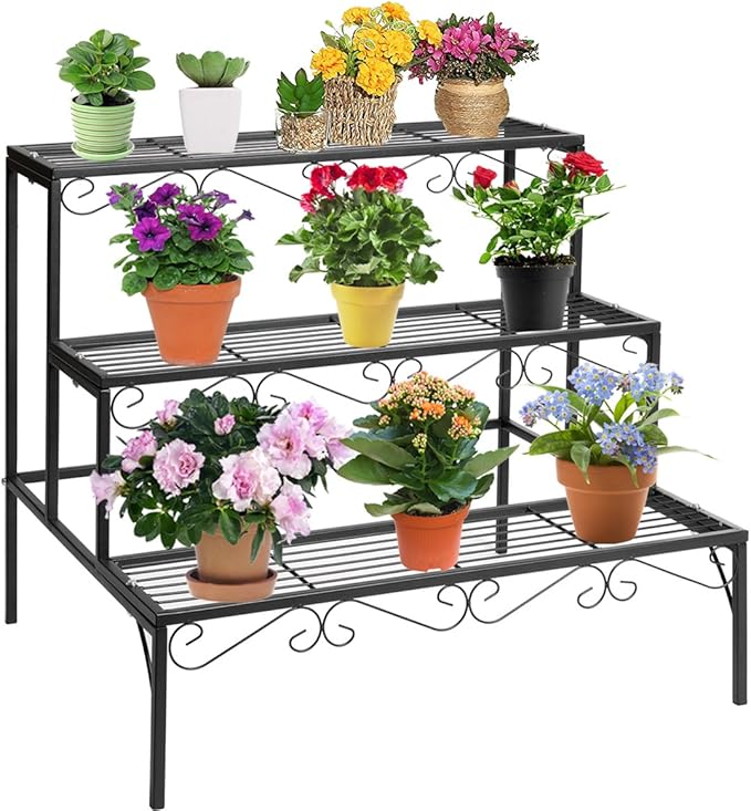 DOEWORKS 3 Tier Stair Style Metal Plant Stand, Garden Shelf for Large Flower Pot Display Rack Indoor Outdoor, Black