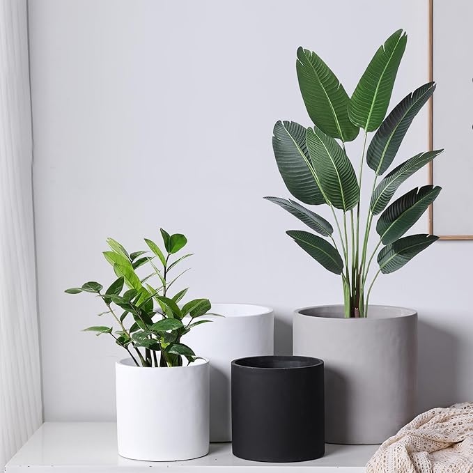 8 Inch Pot for Plants, Large Cement Planter with Drainage Hole, Mid-Century Modern Concrete Flower Pots for Home Decor, Office & Outdoor (White)