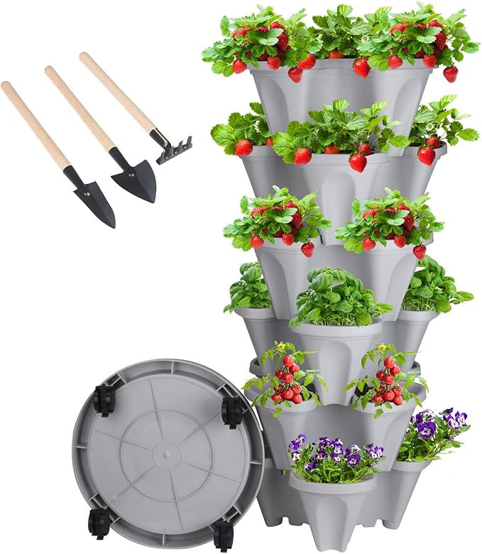 Vertical Planter 6 Tier Stackable Planters Garden Planters Strawberry Herb Flower and Vegetable Planter Indoor Outdoor Gardening Pots with Removable Wheels and Tools