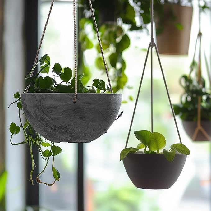 LA JOLIE MUSE Hanging Planter Flower Plant Pots - 9.84 Inch Indoor Outdoor Balcony Patio Hanging Basket Set of 2, Marble Pattern