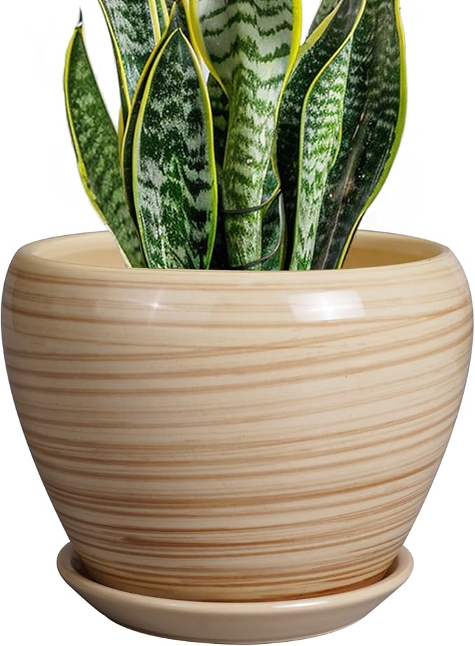 Planter Pot 8 Inch - Ceramic Pot for Plants Indoor Plant Pot with Drainage Hole and Saucer Round Planter Outdoor Modern Flower Pot Succulent Pot for House Patio Yellow