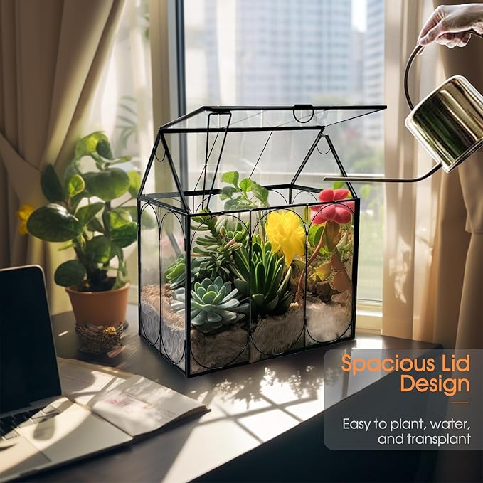 Plant Terrarium Jar, Rifny Indoor House Shape Glass Terrarium Planter with Lid for Venus Fly Trap Succulent Live Air Plants, Small Terrarium Decor for Home Office (Without Plants)