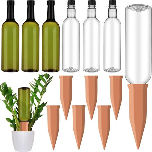 6 Sets Plant Watering Devices Include Terracotta Self Watering Spikes and 26 oz Plastic Bottles, Slow Release Vacation Insert Automatic Plant Waterer Device (Clear Green and Terracotta)