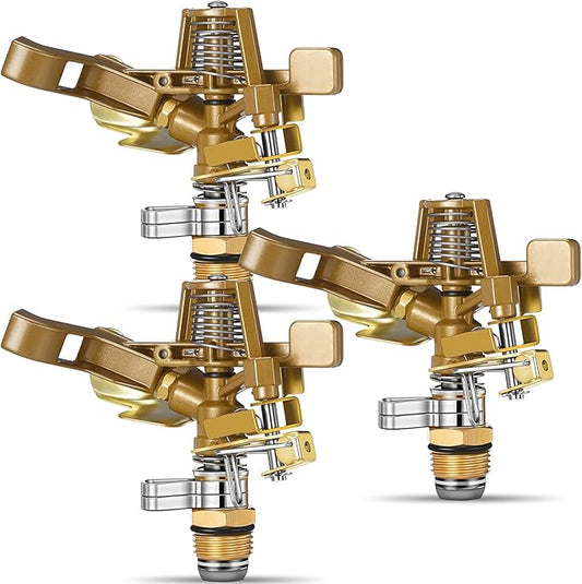 Ferraycle 3 Pieces 1/2 Inch Brass Impact Sprinkler Head with Nozzles Heavy Duty Adjustable 0-360 Degrees Impulse Sprinkler Head Lawn Watering for Yard Irrigation