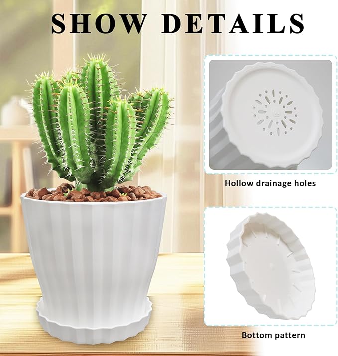 Flower Pots Outdoor Clearance 6 inch Set of 5 Succulent Planters for Indoor Plants Garden Home Holiday, Plastic Nursery Pots for Plants with Drainage Holes and Saucer, Modern Plant Pot White