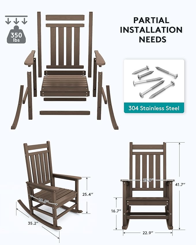 SERWALL Outdoor Rocking Chair Set of 2, HDPE Rocking Chairs for Adult, All Weather Porch Rockers for Lawn Garden, Coffee