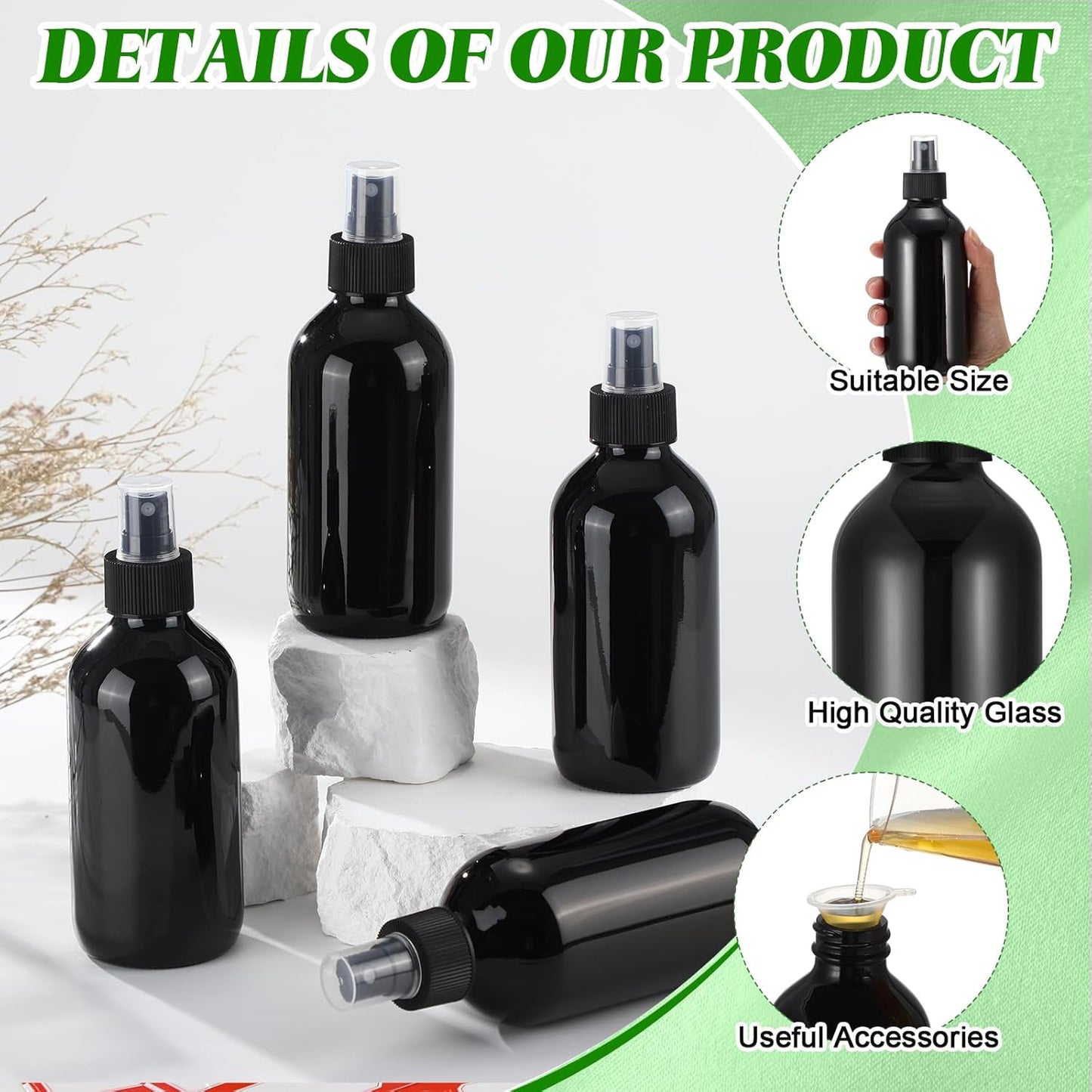 Norme 12 Pcs 8 oz Glass Spray Bottles with Funnels and Labels Refillable Cosmetic Empty Spray Bottles with Sprayer Containers for Essential Oil Cleaning Solutions(Black,Stylish)