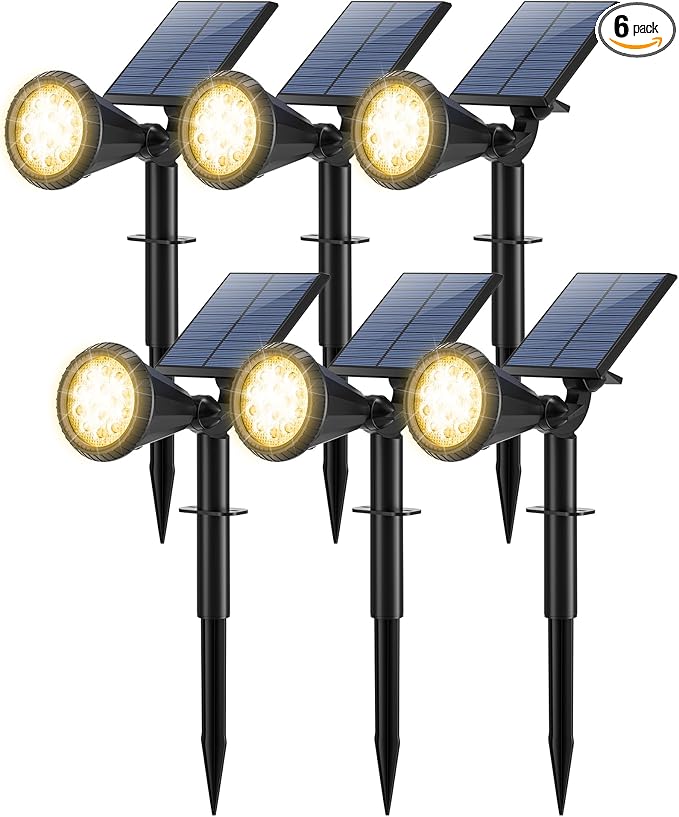 Solar Spot Lights Outdoor Waterproof 180° Adjustable Solar Powered Landscape Lights for Yard 4 Lighting Modes Solar Spotlights for Pathway Garden Outside Wall Pool Porch (6 Pack, Warm White)