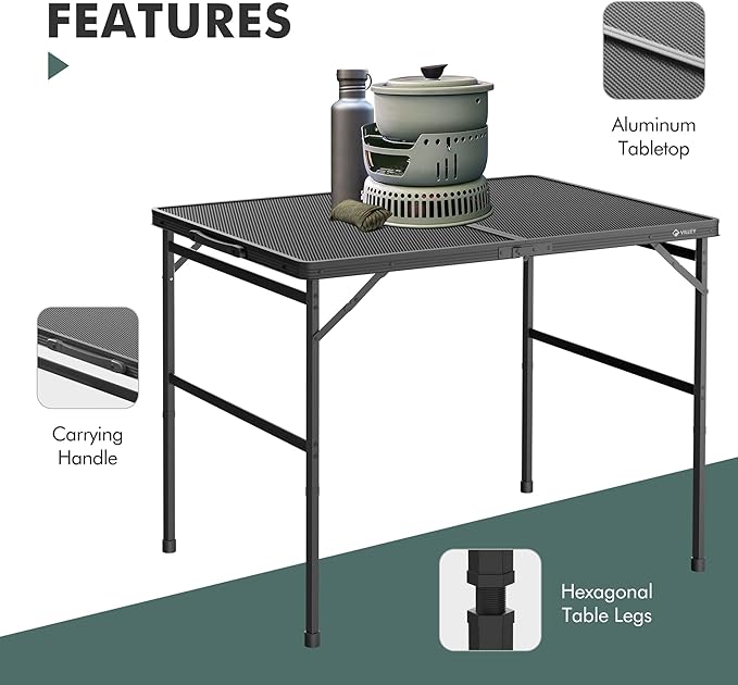 VILLEY Grill Table, 3ft Folding Camping Table with Aluminum Adjustable Legs, Portable Lightweight Camp Table for Beach Picnics and Outdoor Cooking