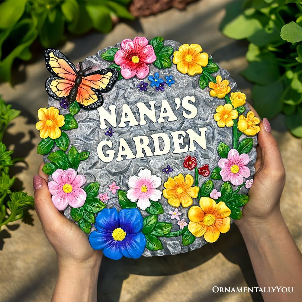 Elegant Resin Stepping Stone, Outdoor Garden Pathway Decoration (Nana’s Garden Floral Stepping Stone, 9.5" Decorative and Gift for Grandmother)