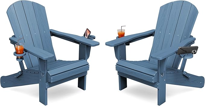 KINGYES Folding Adirondack Chair Set of 2, Dual Cup Holders & All-Weather HDPE, Wood-Like Patio Chair for Backyard, Camping, Pool & Fire Pit, Navy