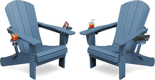 KINGYES Folding Adirondack Chair Set of 2, Dual Cup Holders & All-Weather HDPE, Wood-Like Patio Chair for Backyard, Camping, Pool & Fire Pit, Navy