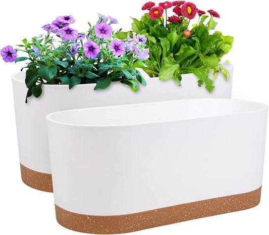 QCQHDU 16" L x 7.6" W x 7" H Window Planter Box, 2 Pack Self Watering Pots for Indoor Plants with Drainage Holes & Saucer, Outdoor Flower Pots Home Garden Modern Decor