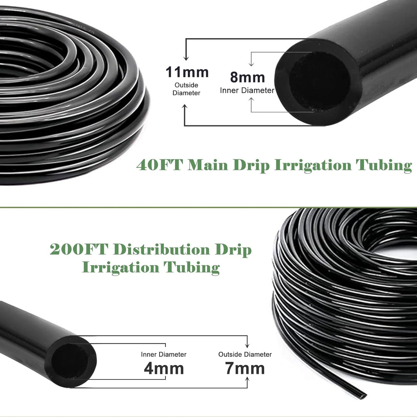 200FT+40FT Drip Irrigation System, Garden Watering System with 8/11mm Main Tubing 4/7mm Distribution Irrigation Tubing and Accessories, Irrigation System for Garden, Greenhouse, Yard, Lawn, Plant