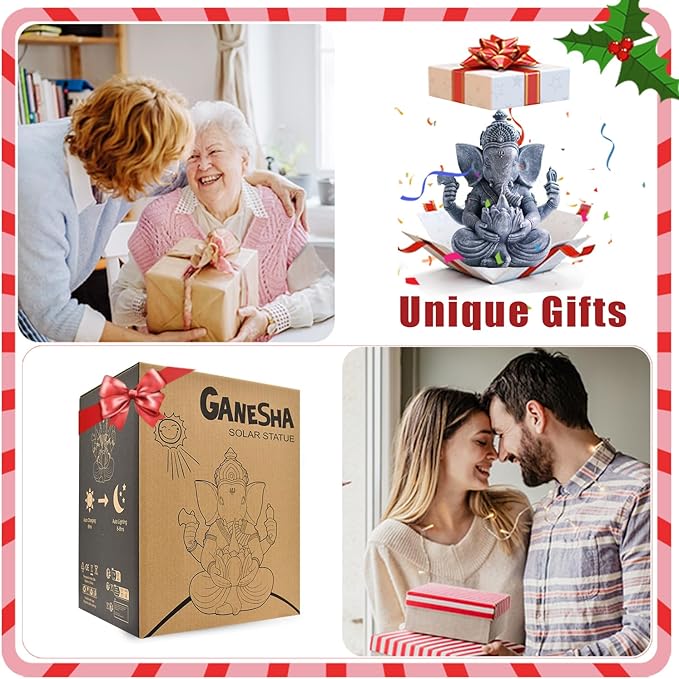 Solar Ganesha Elephant Garden Statues: Outdoor Sculptures with Lotus Lights Decor for Patio Lawn Yard Art - Gifts for Mom Grandma