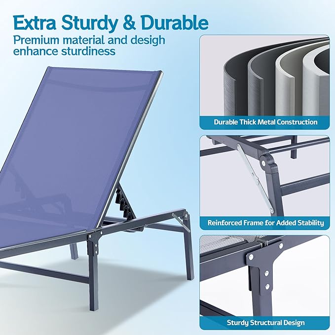 Outdoor Chaise Lounge Chair Set of 2, Foldable & Assemble-Free, 6 Adjustable Positions, Durable Rust-Resistant Frame, Portable Outdoor Pool Lounge Chairs for Pool Patio Beach, Blue