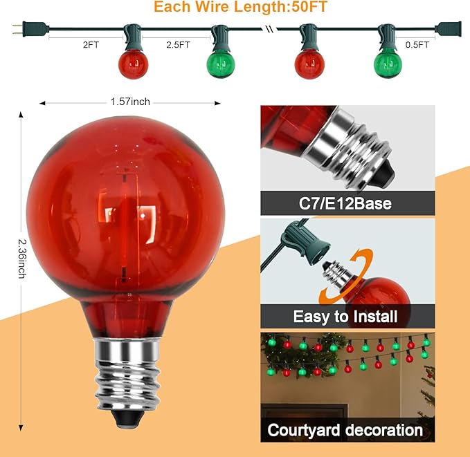 GOOTHY 50Ft Outdoor Red/Green Christmas Lights, G40 Globe Patio String Lights with 25 Ceramic Colorful Bulbs(2 Spare), Outside Christmas Lights for Holiday Party Backyard Christmas