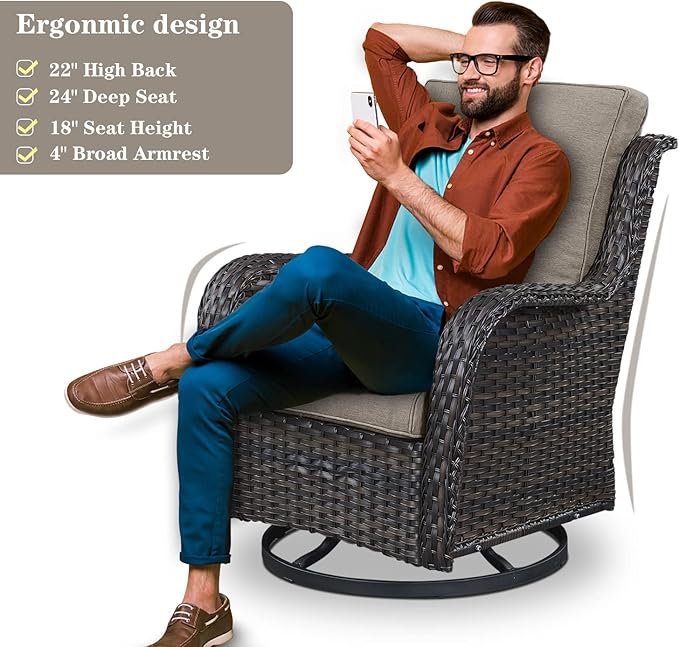 Outdoor Swivel Rcoker Patio Chairs - Outdoor Swivel Patio Chairs Set of 2 Wicker Chair Patio Furniture Sets with Covered Cushion for Porch Deck Balcony Garden, Gray