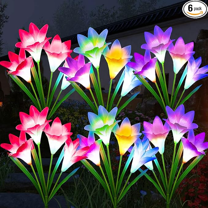 ZYLiWoo-Solar Flower Lights, 6 Pack Outdoor Lily Flower Lights, Multi Color Changing LED 24 Flowers Lily Flower Solar Garden Stakes Flower Lights， for Patio, Lawn, Garden, Yard Decoration