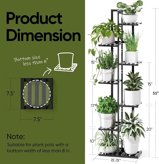 ROSSNY Plant Stand Indoor, 7 Tier 8 Potted Bamboo Plant Stands for Indoor Plants, Corner Plant Stand, Tiered Plant Stands, Plant Shelf For Indoor, 55 Inch Tall Planter Holder for Multiple Plants Indoor, Black