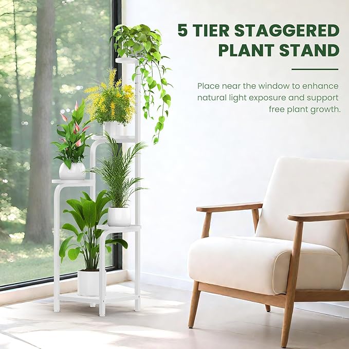 TOSKING 5 Tier Tall Plant Stand Indoor Outdoor, Heavy Duty Corner Shelf for Plants & Decor, Space Saving 3.9FT Metal Flower Pot Stand for Balcony, Garden, Living Room, Patio (White, 47in)