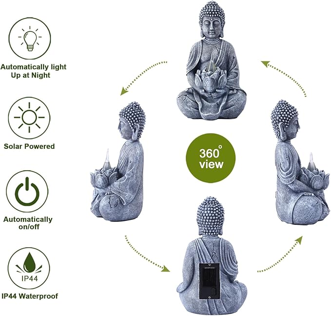 Solar Meditation Buddha Garden Statues: Outdoor Sculpture with Tea Lights Decor for Patio Lawn Yard Art - Gifts for Mom Grandma