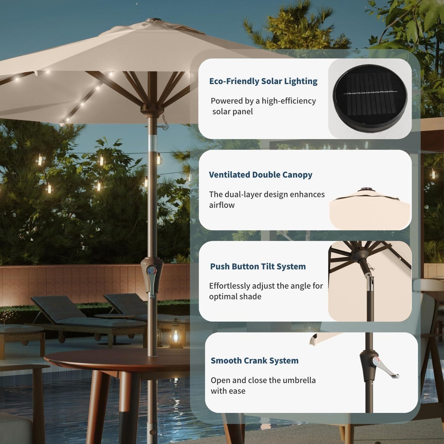 10FT Solar Umbrella 32 LED Lighted Patio Umbrella Table Market Umbrella w/Tilt and Crank, UV-Resistant Outdoor Umbrella for Pool, Garden, Deck, Beige