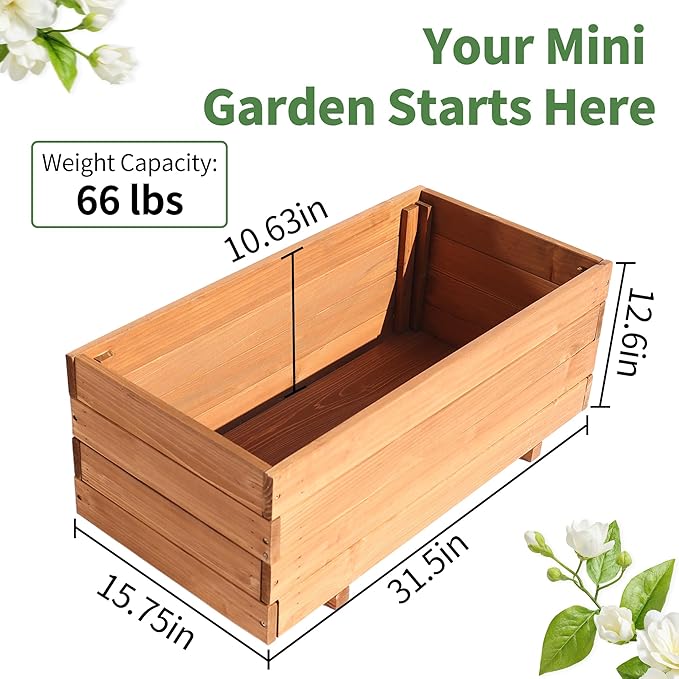 Wooden Raised Garden Bed Planter Box – Fir Wood Outdoor Vegetable, Herb & Flower Box with Drainage Holes – 31.5"x15.75"x12.6", Rot-Resistant, for Patio, Yard, Balcony