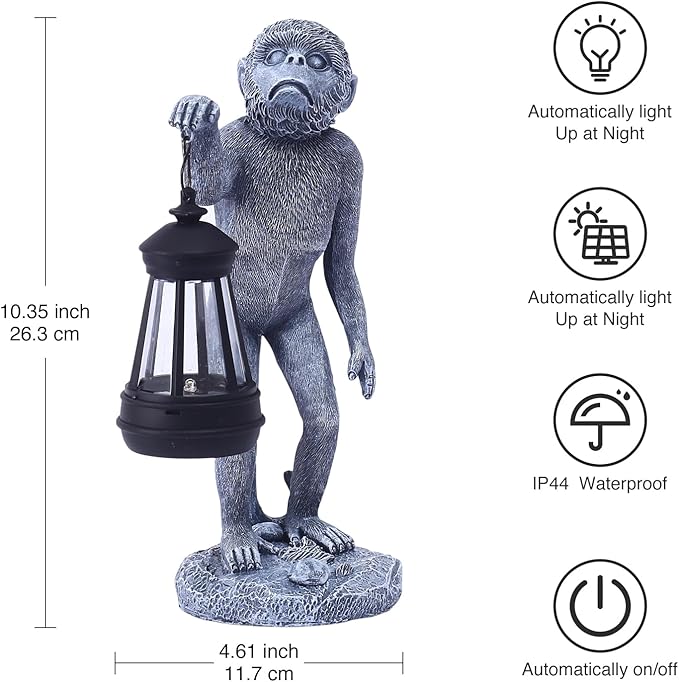 Garden Statue Monkey Figurine - Monkey Decor with Solar Powered Led Lights for Patio Lawn Balcony Yard - Ideal Gift for Women Moms Grandma Housewarming