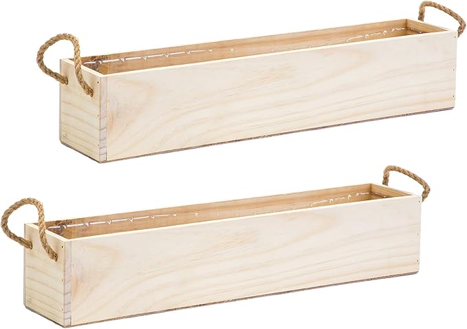 Wooden Planter Box, Rustic Barn Wood/Whitewash with Plastic Liner l Garden Decor l Restaurant and Wedding Decorations l Table Centerpiece (20x4 w Handle Set of 2, Rose Wood)