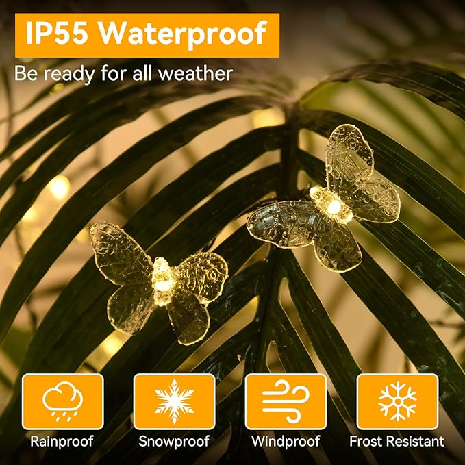 ELUTENG Outdoor String Lights 100 LED 39.4FT Solar Lights Outdoor Waterproof with 8 Lighting Modes Decorative Butterfly Solar Powered Patio Lights for Garden Yard Balcony Porch Wedding Party Decor