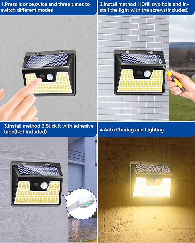 Peasur LED Solar Lights Outdoor Motion Sensor, 2 Packs Waterproof Solar Power Fence Security Lighting, 3 Mode Yard Deck Lamp for Wall Stairs Home Outside Warm White