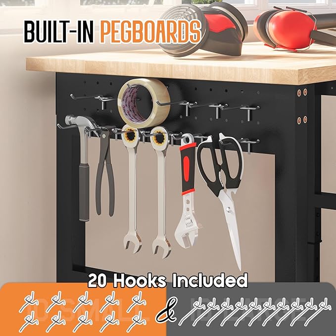 Albott 84" Adjustable 2-Tier Workbench with Solid Wood Top, Max 2000lbs Capacity, Built-in Power Strip with 4 AC Outlets & 2 USB Ports, Pegboard & 20 Hooks, Shop Garage Office