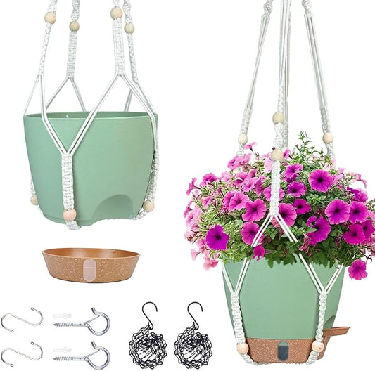 Hanging Planter for Indoor Plants 8 Inch, 2 Pack Self Watering Hanging Baskets for Plants, Hanging Flower Pots with Drainage Hole & 2 Kinds of Plant Hangers for Garden Home Decor (Green, 8 inch)