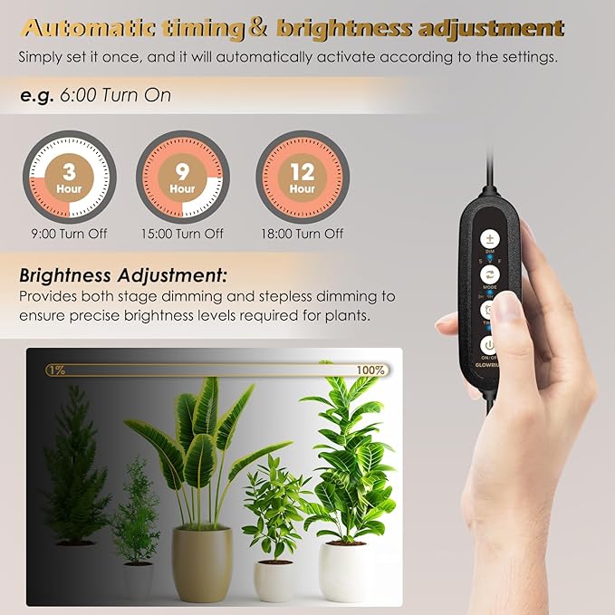 GLOWRIUM Standing Grow Light with Auto-Timer, 30W Vertical Grow Lights for Indoor Plants,3 Light Modes,201 LEDs,Detachable Full Spectrum Plant Lights for Wide Area Coverage in Indoor Plants (45 in)