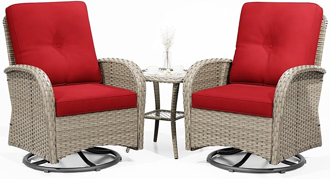 Joyside Outdoor Swivel Rocker Chairs, 3 Piece Wicker Patio Set with Thick Cushion and Side Table, Rattan Patio Swivel Rocking Chairs for Porch, Deck Use (Natural/Red, 3 PCS)