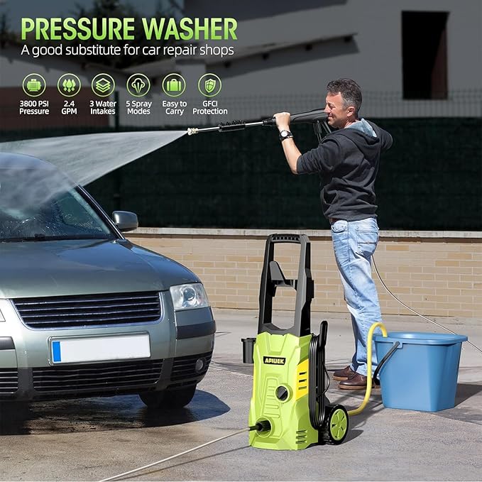 Electric High Pressure Washer - Portable Washer with 23 FT Water Outlet & 6.6 FT Inlet Hose, Steel Spray Wand, Foam-Adjustable Cannon,4 Nozzle Set, Cleans Car/Patio/Fence/Window, 3800PSI 2.4GPM