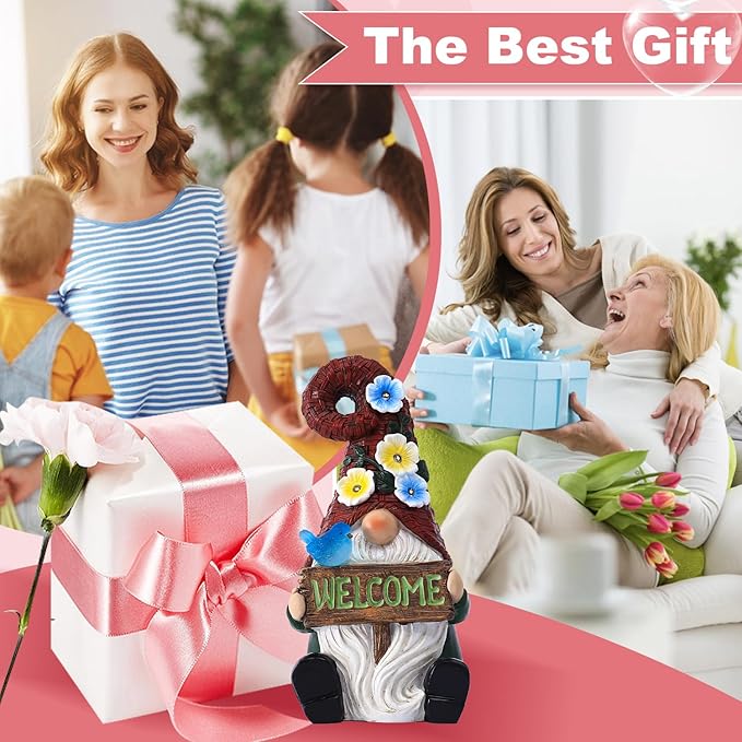 Welcome Gnome Solar Statue Decor for Yard Decorations - 10 Inch Gnome Statue Decor for Outdoor,Perfect Garden Gifts for Women,Mom