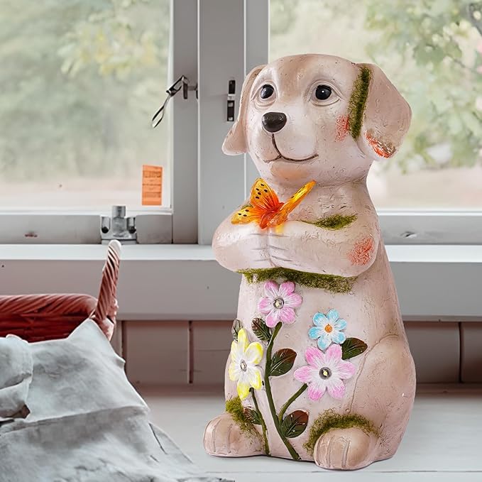 Solar Dog holiding Solar Butterfly Lights - Resin Garden Outdoor Decorations for Patio,Balcony,Yard,Birthday Garden Gifts for Women Mom