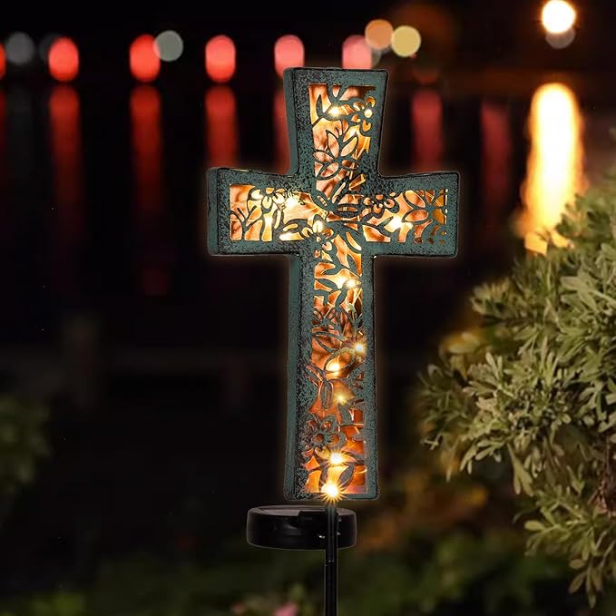 Solar Cross Garden Stake Lights 38inch Outdoor Waterproof Memorial Garden Decor 2 Lighting Modes Cemetery Decorations for Grave for Remembrance Gifts & Sympathy Gifts (Blue Cross)