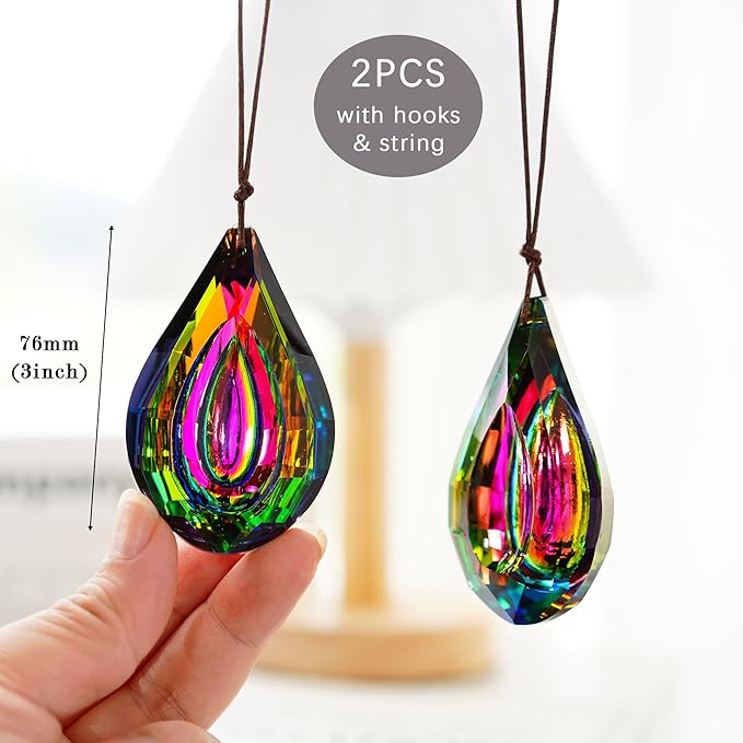 HDCRYSTALGIFTS Set 2 Crystal Prisms Suncatchers for Windows,76mm Rainbow Sun Catcher Glass Hanging Prisms Suncatcher Pendant for Home Garden Decor (Single Face Colorful)