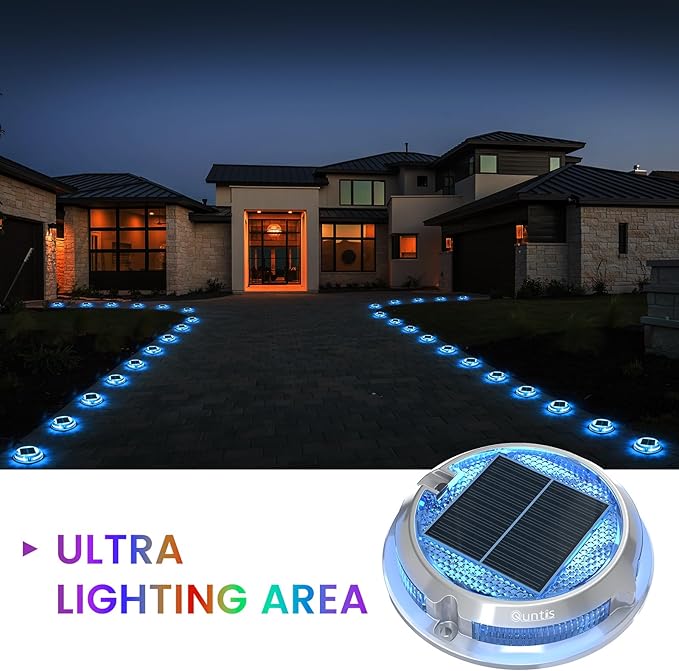 Quntis RGB Solar Deck Lights 8 Pack, 11 Lighting Modes Solar Driveway Lights Outdoor Waterproof IP68, Step Lights for Outside Stair Pathway Walkway