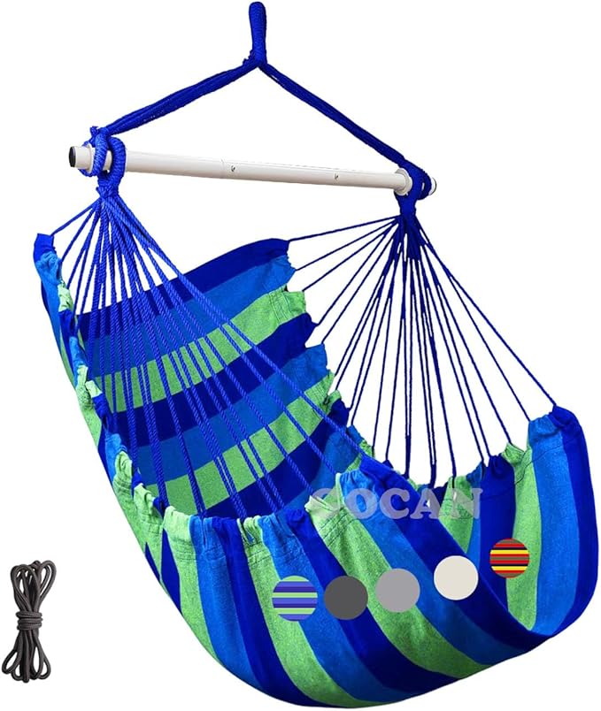 Hammock Chair Large Hammock Swing, 110 x 150cm Load 150kg, Cotton Hammock Chair Metal Spread Bar Wide Seat Swing Chair(Blue)