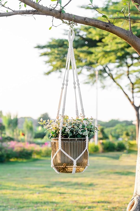 Melphoe Self Watering Hanging Planters for Indoor, 1 Pack 8.3 Inch Outdoor Hanging Plant Pot Basket, 2 Kinds of Plant Hangers Macrame 35.5’’ & Metal Chain 19.6’’ for Garden Home Decor