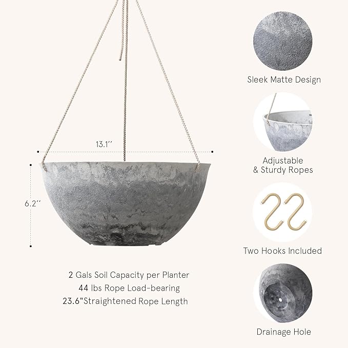 LA JOLIE MUSE Large Hanging Planters for Indoor Outdoor Plants, Hanging Flower Pots Marble Pattern (13.2 Inch,Set of 2)