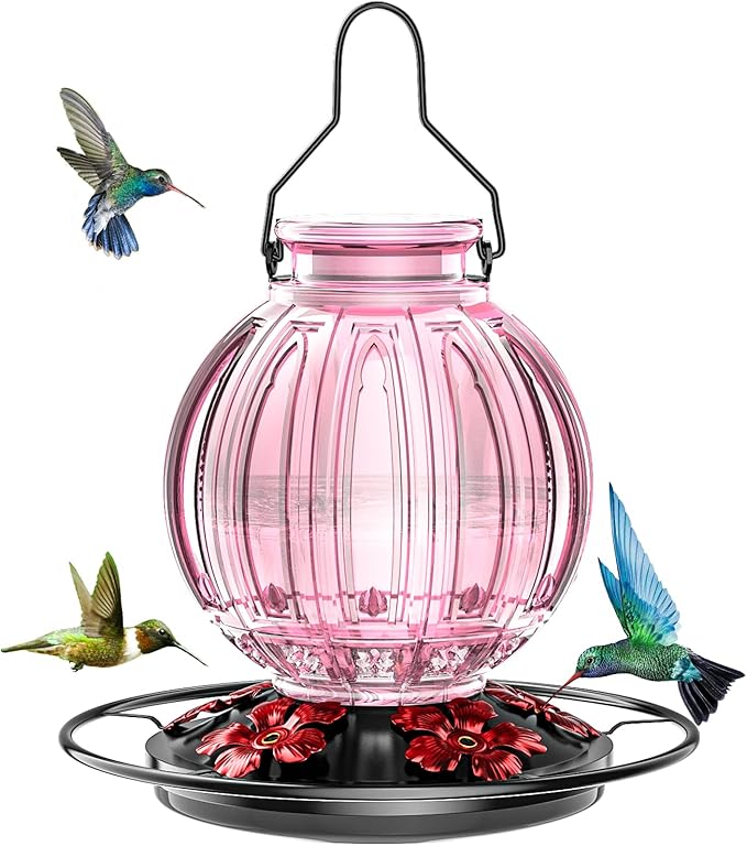 Glass Hummingbird Feeder for Outdoors Hanging, Bird Nectar Feeder with Perch & 5 Flower Feeding Ports, 26 Oz Leak Proof for Outside Garden Decor Backyard, Gifts for Women Mom, Pink