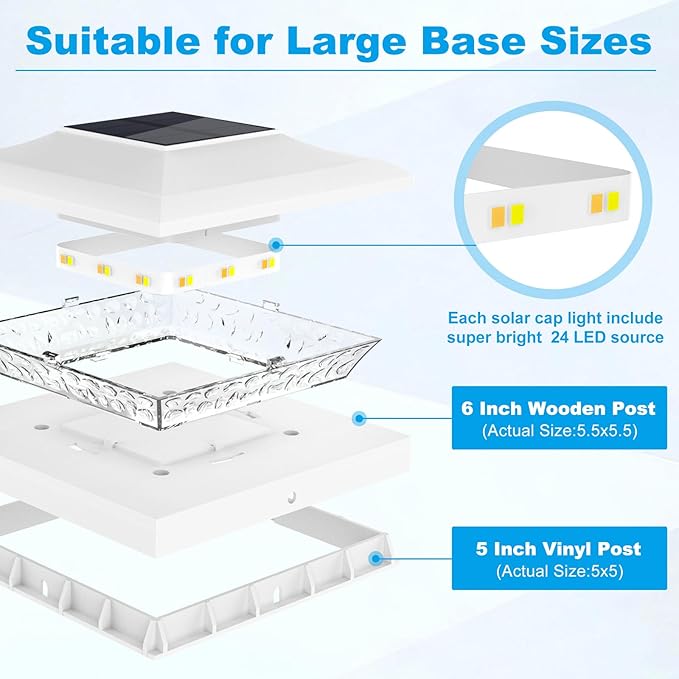 6 Pack Solar Post Cap Light Outdoor Fence Cap Lights 24 LEDs 2 Color Modes for Wooden/Vinyl Post, Waterproof Deck Patio Decoration Fits 5x5, 5.5x5.5 or 6x6 Wooden Posts (3000k/6000k)
