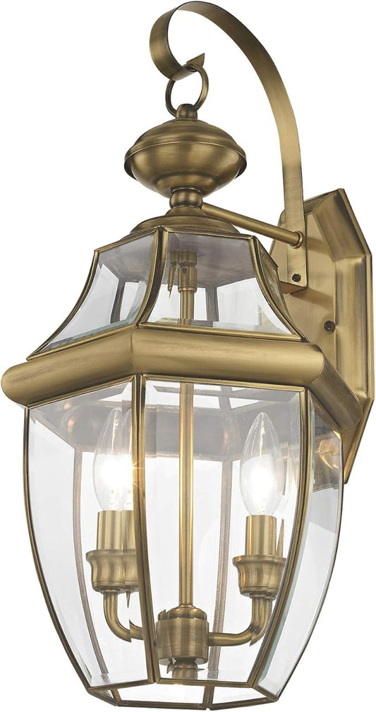 Livex Lighting 2251-01 Monterey 2 Light Outdoor Antique Brass Finish Solid Brass Wall Lantern with Clear Beveled Glass